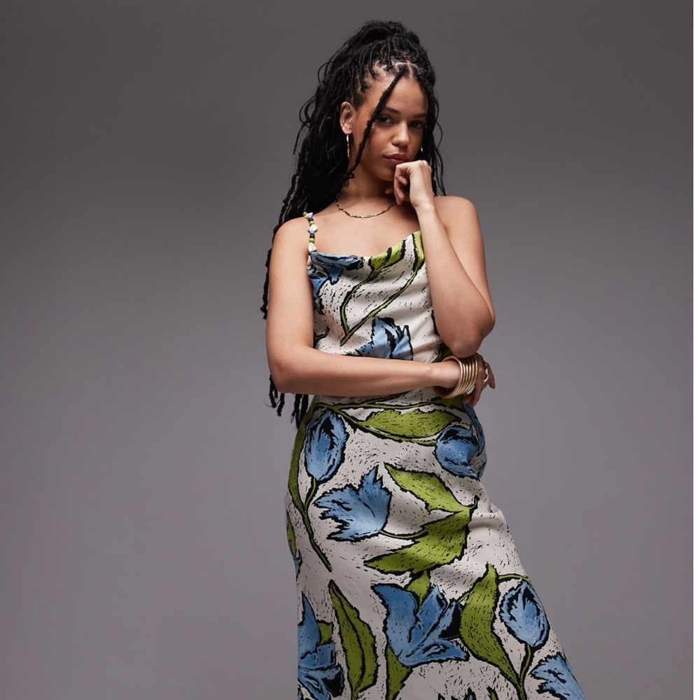 NWOT Topshop cowl neck midi slip dress with beaded straps in green blue floral - Picture 10 of 14